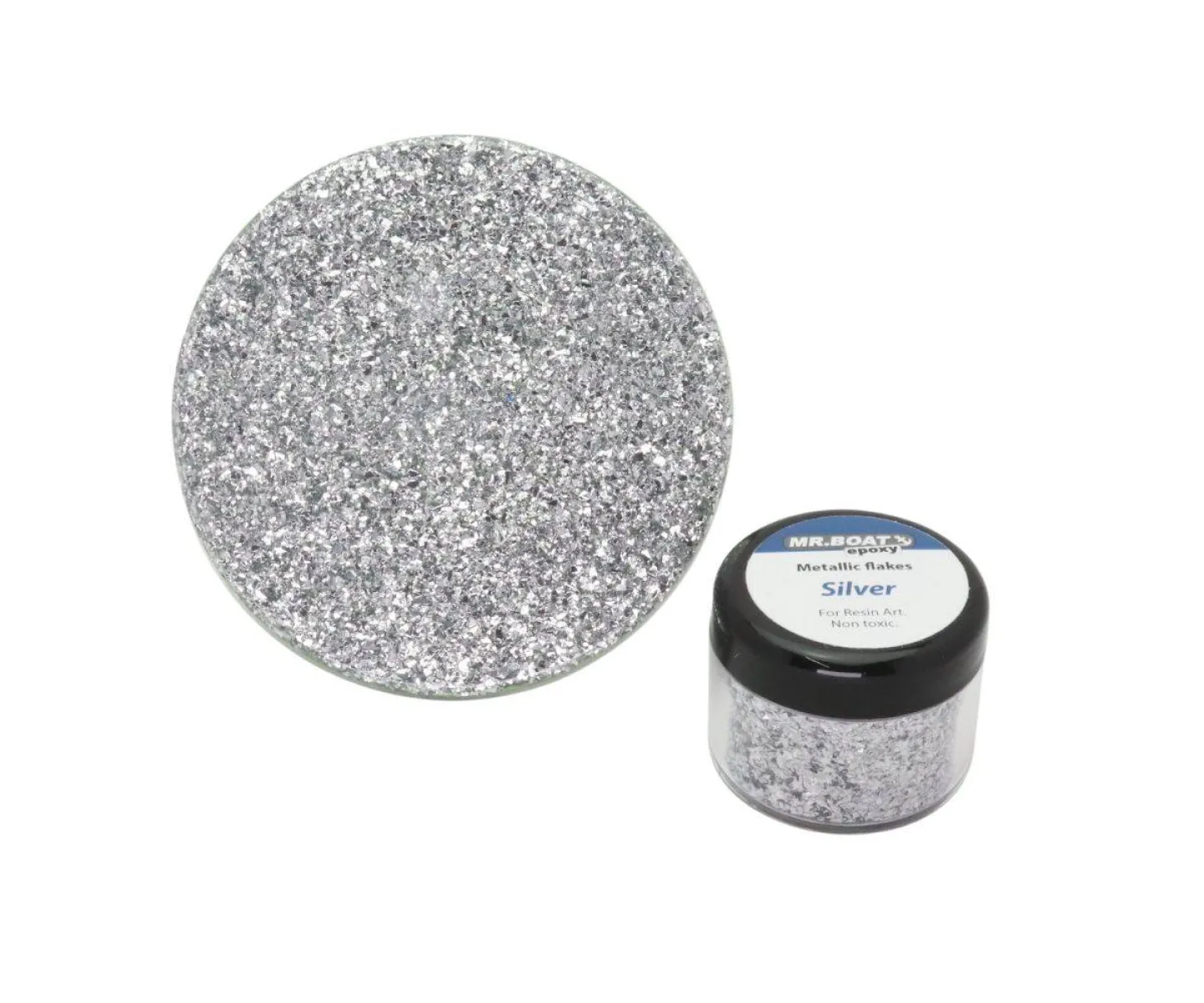 Metallic epoxy flakes silver.