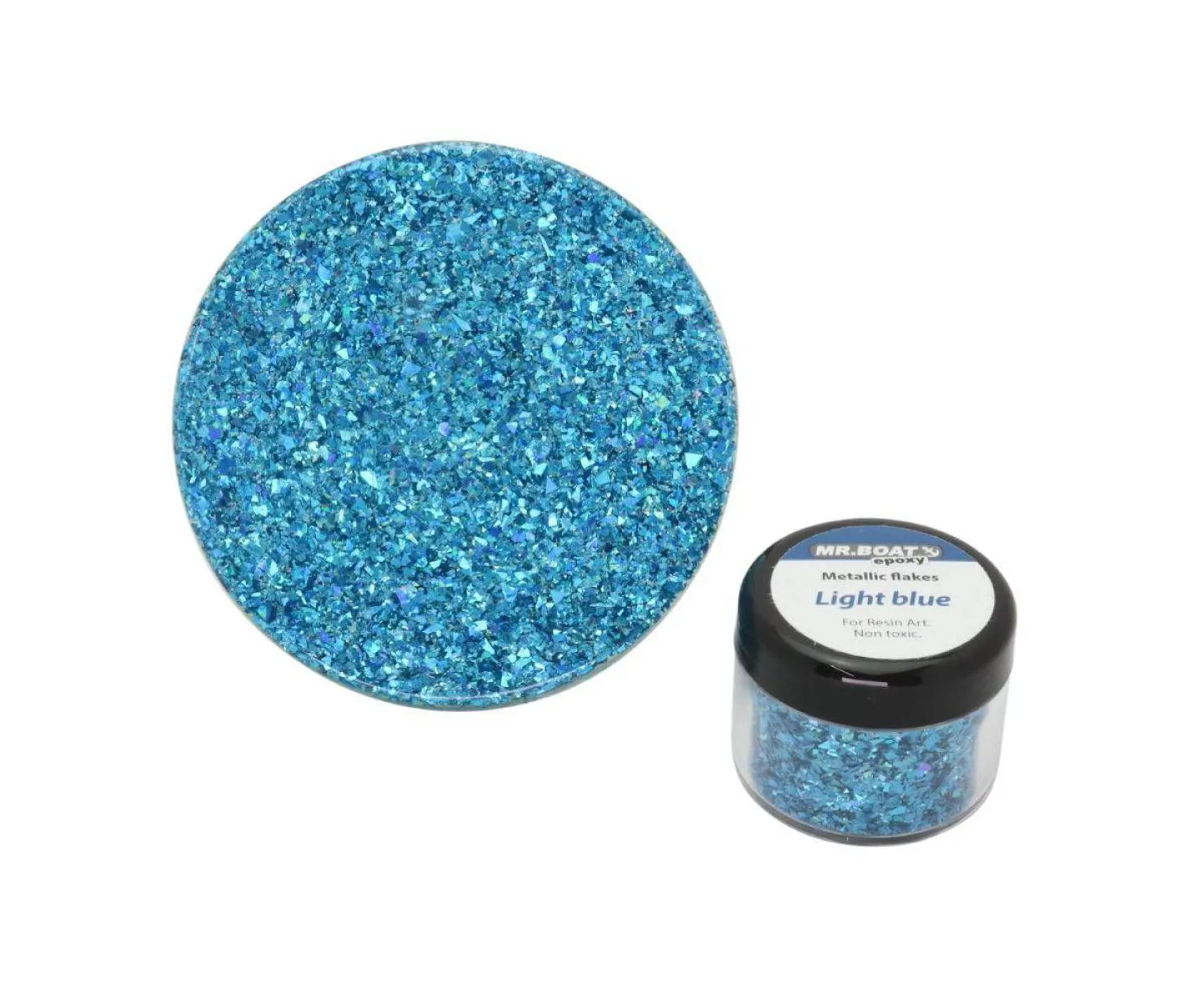 Metallic epoxy flakes light blue.