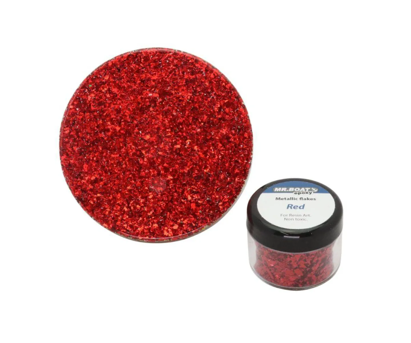 Metallic epoxy flakes red.