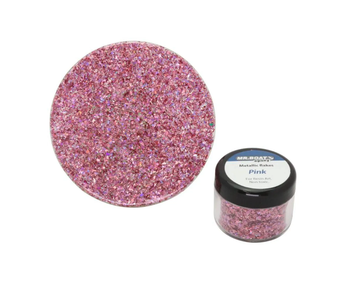 Metallic epoxy flakes pink.