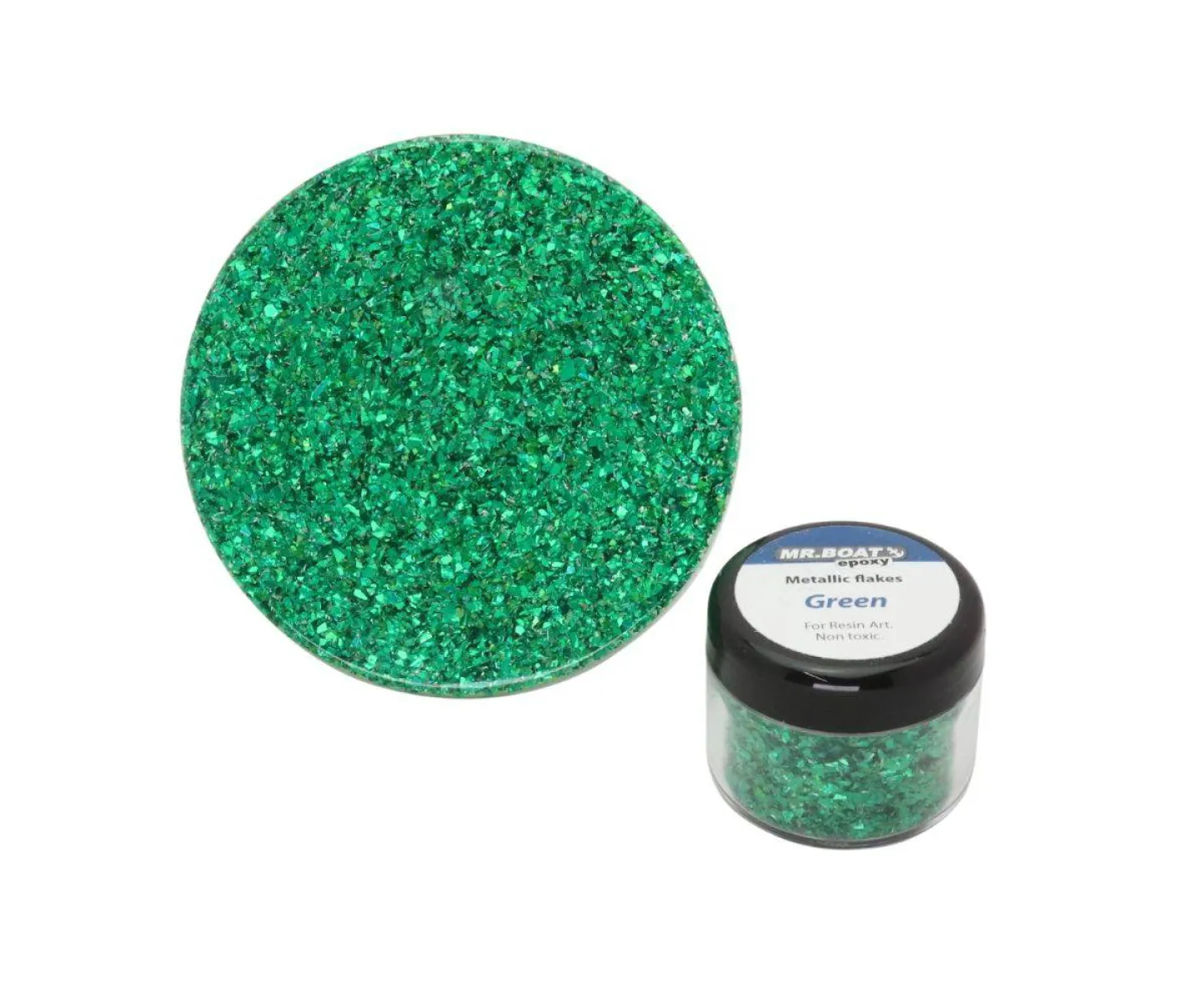 Metallic epoxy flakes green.